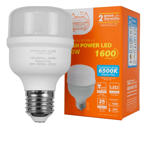 Lampada LED 20W Soquete E27 High Power Branco-frio 6500K LLUMM Bronzearte